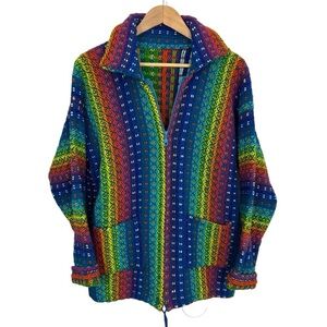 Handmade Chunky Knit Wool Rainbow Sweater L Multicolour Zip Cardigan Boho VGUC!